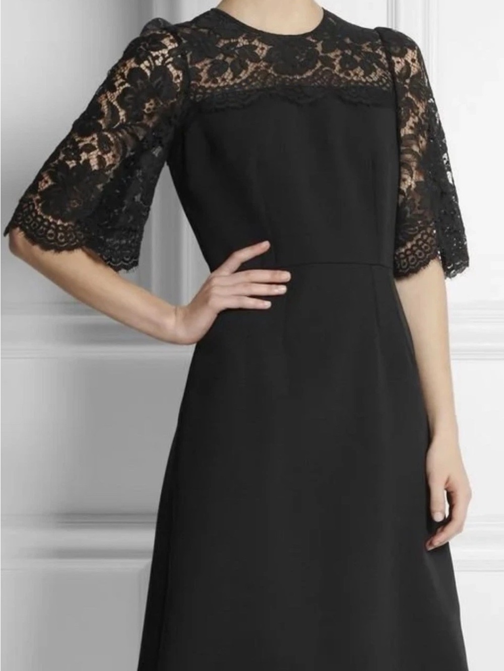 Dolce & Gabbana Black Lace Yoke Long Sleeve A-Line Dress